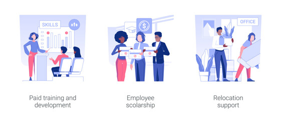 Employee education isolated concept vector illustration set. Paid training and development, employee scolarship, relocation support, tuition assistance program, loan payment vector cartoon. - obrazy, fototapety, plakaty