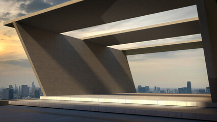 Obraz premium Space for products showcases on the deck with sunset sky.