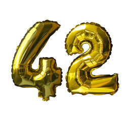 42 Golden number helium balloons isolated background. Realistic foil and latex balloons. design...