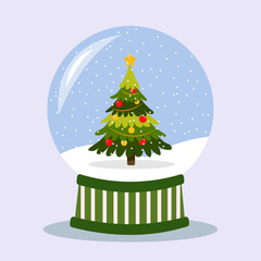 Christmas snowball globe with New Year tree and snowflakes inside. Vector snowglobe for cards, patterns, wrapping paper, greeting cards.