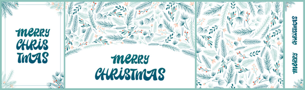 Set of Christmas greeting cards, banners, posters, seamless patter design. Lettering quote 'Merry Chrsitmas ' decorated with branches and berries on white background. EPS 10