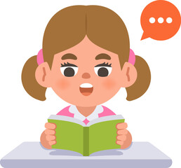 A white girl study reading the book on the desk, illustration cartoon character vector design on white background. kid and education concept.