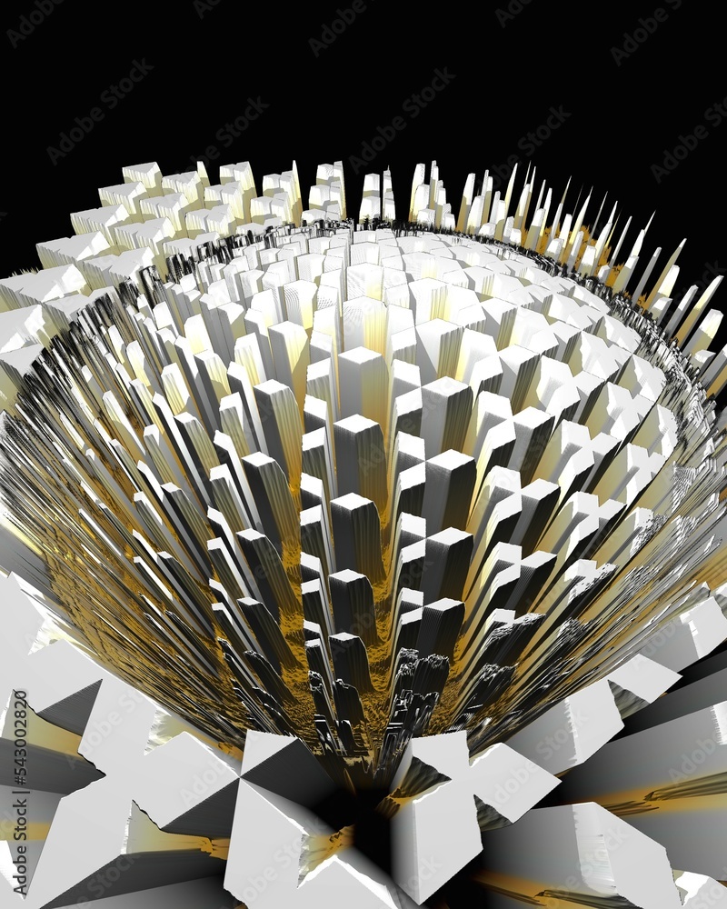 Poster 3d exploding surface view with particles in shades of grey silver and white on a black background