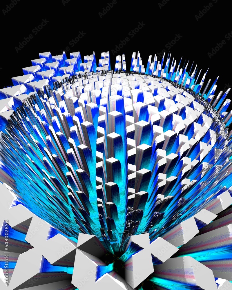 Aufkleber 3d exploding surface view with particles in shades of grey blue turquoise and white on a black backg