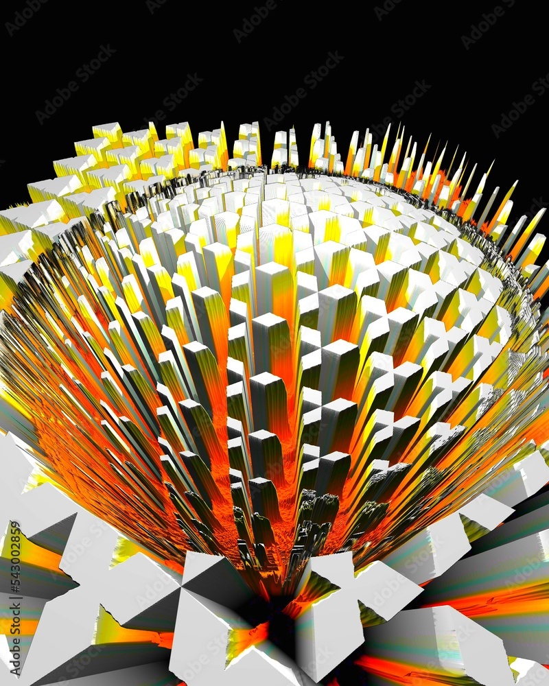 Aufkleber 3d exploding surface view with particles in shades of grey yellow white on a black background