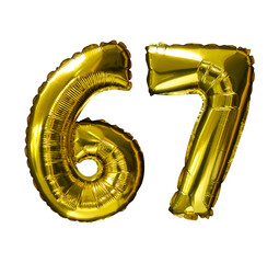 67 Golden number helium balloons isolated background. Realistic foil and latex balloons. design...