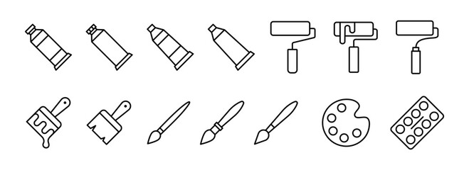 Paint icon set. Paint brush, palette, tube and roller