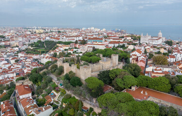Fototapeta na wymiar Saint George's Castle in Lisbon, Portugal. Drone Point of View