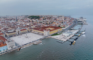 Obraz premium Commerce Square in Lisbon, Portugal. Palace Yard, Royal Palace of Ribeira. Drone Point of View