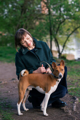 Portrait of a woman with a Basenji dog in nature - 543004025