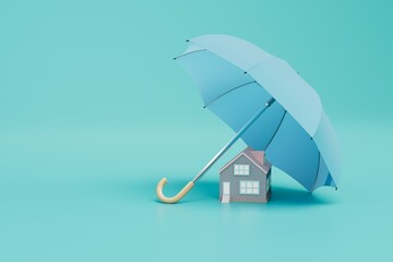 obtaining home insurance. an umbrella under which the house is on a turquoise background. copy paste. 3D render - obrazy, fototapety, plakaty