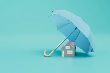 Fotobehang obtaining home insurance. an umbrella under which the house is on a turquoise background. copy paste. 3D render © Igor
