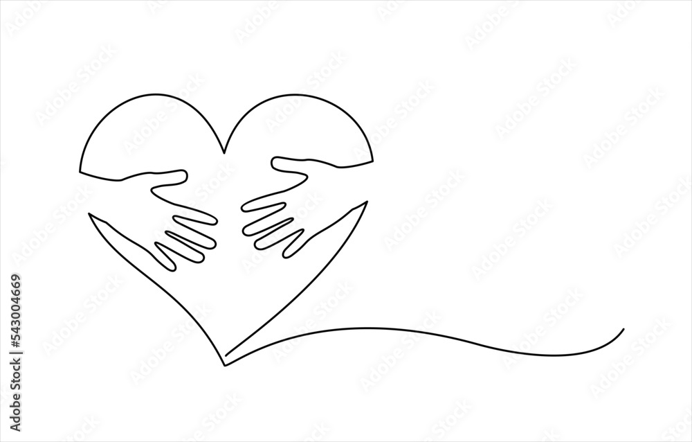 Poster continuous line drawing of hand hugging heart, hug. vector
