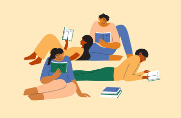 Group of people read books sitting or lying down. Men, women reading literature, poetry. Book club, leisure vector illustration. Diversity students or pupils study. Female and male characters relax