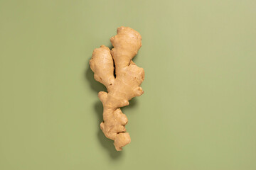 Fresh ginger root pastel green background, fashionable food, exotic additives spices vegetarianism