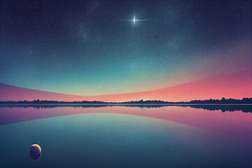 Trees reflecting in a peaceful lake under a beautiful starry sky at night,