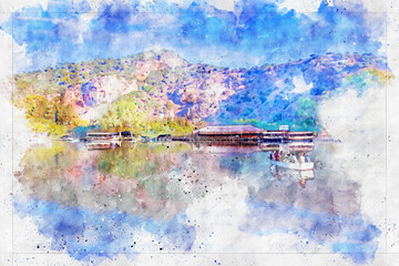 The rock-cut temple tombs of the ancient city of Kaunos in Dalyan district of Muğla. Beautiful view of Dalyan river with reeds, excursion boats and carved tombs in the background. Watercolor work.