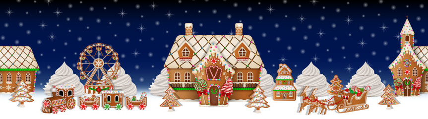 christmas seamless banner with gingerbread landscape - obrazy, fototapety, plakaty