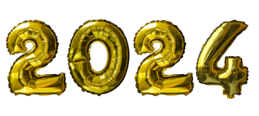 2024 Golden number helium balloons isolated background. Realistic foil and latex balloons. design elements for party, event, birthday, anniversary and wedding.