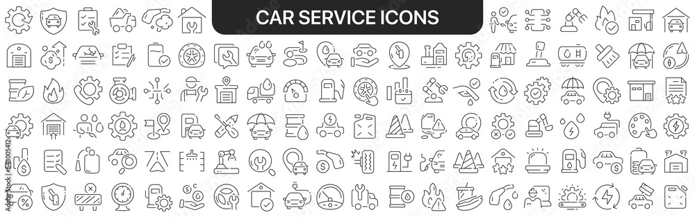 Poster Car service icons collection in black. Icons big set for design. Vector linear icons