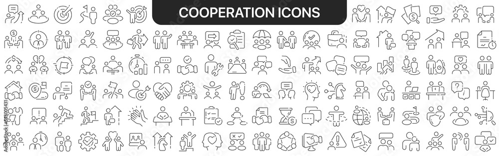 Poster Cooperation icons collection in black. Icons big set for design. Vector linear icons