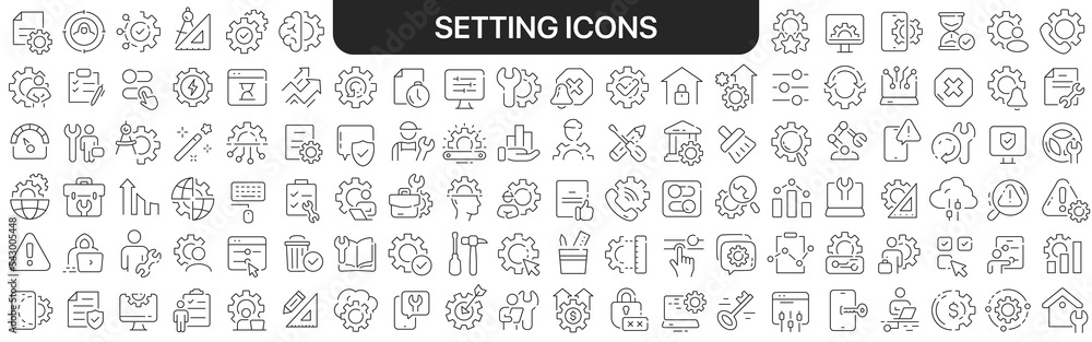 Poster Setting icons collection in black. Icons big set for design. Vector linear icons