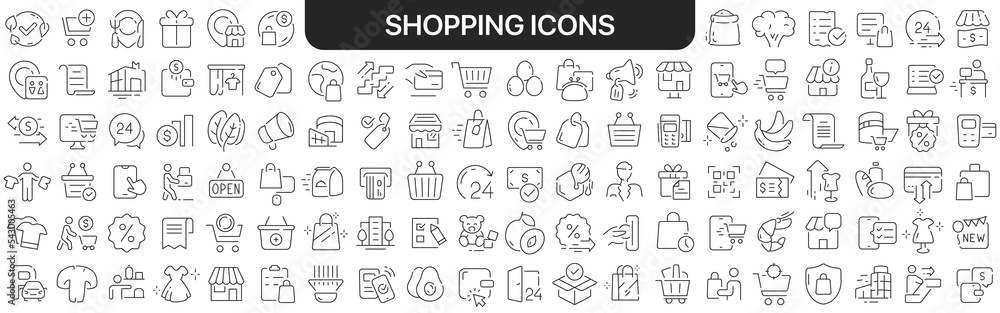 Aufkleber shopping icons collection in black. icons big set for design. vector linear icons