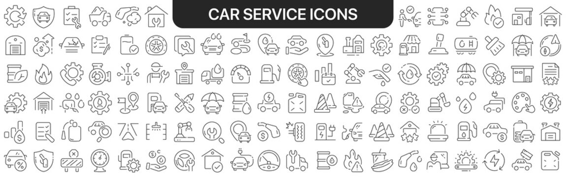 Car service icons collection in black. Icons big set for design. Vector linear icons