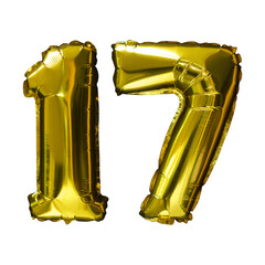 17 Golden number helium balloons isolated background. Realistic foil and latex balloons. design...