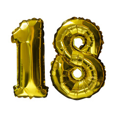 18 Golden number helium balloons isolated background. Realistic foil and latex balloons. design...