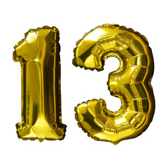13 Golden number helium balloons isolated background. Realistic foil and latex balloons. design...