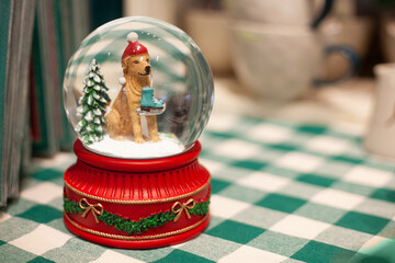 Chistmas white and red decoration with tree and snow
