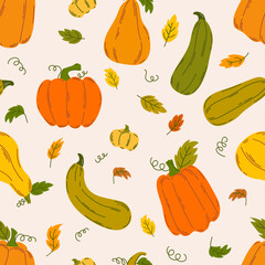 Seamless pattern of colorful pumpkins in flat style on beige background.