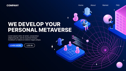 We Develop Your Personal Metaverse. Metaworld. Web Landing Page Template. Vector illustration