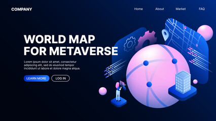 World Map for Metaverse. Metaworld. Web Landing Page Template. Vector illustration