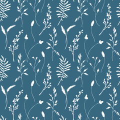 Long-stem field plants seamless pattern. Botanical background. Meadow grass digital paper on blue