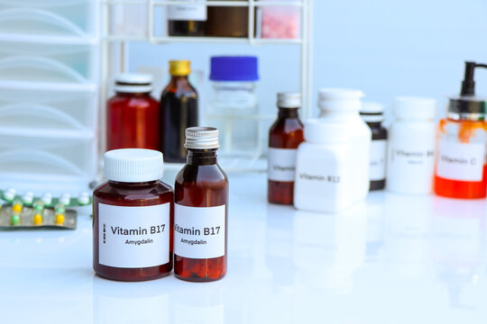 Vitamin B17 pills in a bottle, food supplement for health
