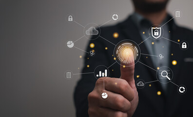 big data, internet of thing and security banking or security data on internet concept. business man put thump finger on screen