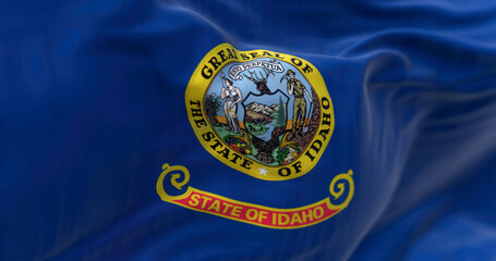 Close-up view of the Idaho state flag waving in the wind