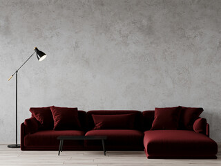 Luxury livingroom with a large burgundy red velor sofa. Rich black table and floor lamp. Empty wall for art and pictures or wallpaper with microcement stucco or plaster. 3d rendering