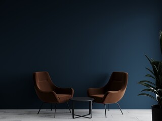 Living room or buisness hall scene in deep dark colors. Combination of blue and chocolate brown. Empty wall blank - navy background and dark beige armchairs. Luxury or art deco style. 3d rendering