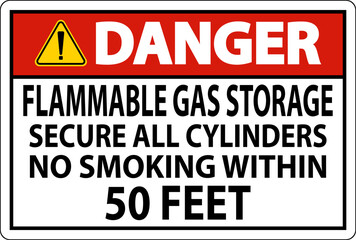 Danger Sign Flammable Gas Storage, Secure All Cylinders, No Smoking Within 50 Feet