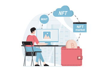 NFT token concept with people scene in flat design. Man drawing digital artworks with non fungible token, uploading at virtual market for selling. Vector illustration with character situation for web