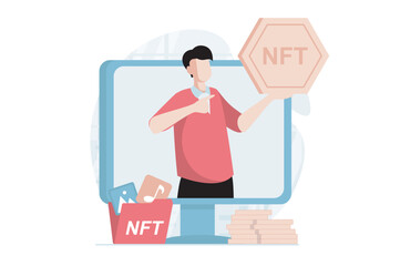 NFT token concept with people scene in flat design. Man trading digital content at virtual auction and marketplace and selling artworks online. Vector illustration with character situation for web