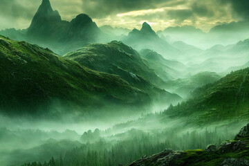 Fantasy mountain landscape as panoramic background