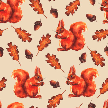 Watercolor squirrel , acorns and oac autumn leaves seamless pattern. Forest animals, wildlife squirrel illustration. Hand drawind squirrels background.