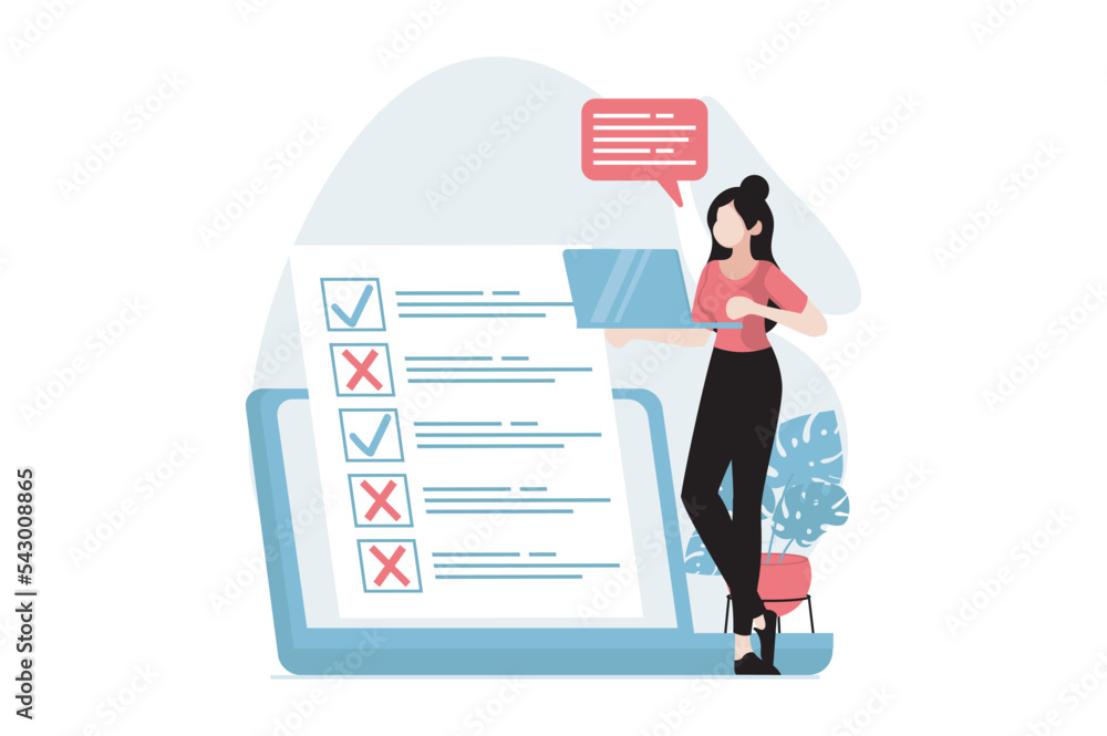 Poster online survey concept with people scene in flat design. woman marking answers in questionnaire, fill