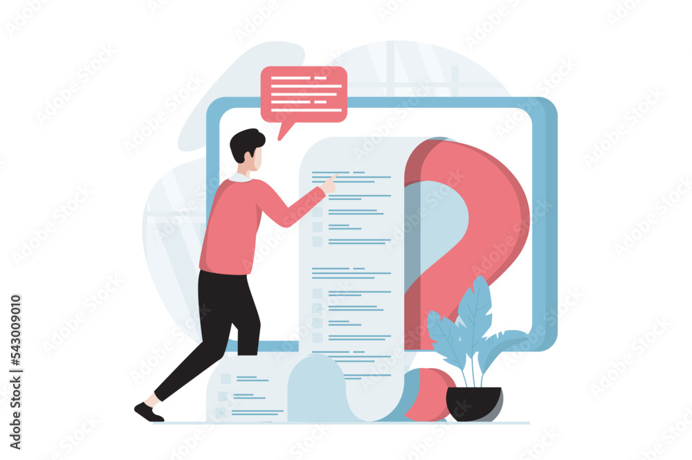 Poster Online survey concept with people scene in flat design. Man answers questions in digital questionnaire, filling testing roll form using computer. Vector illustration with character situation for web