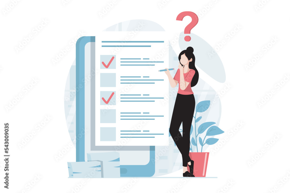 Poster online survey concept with people scene in flat design. woman thinking and choosing answers for ques