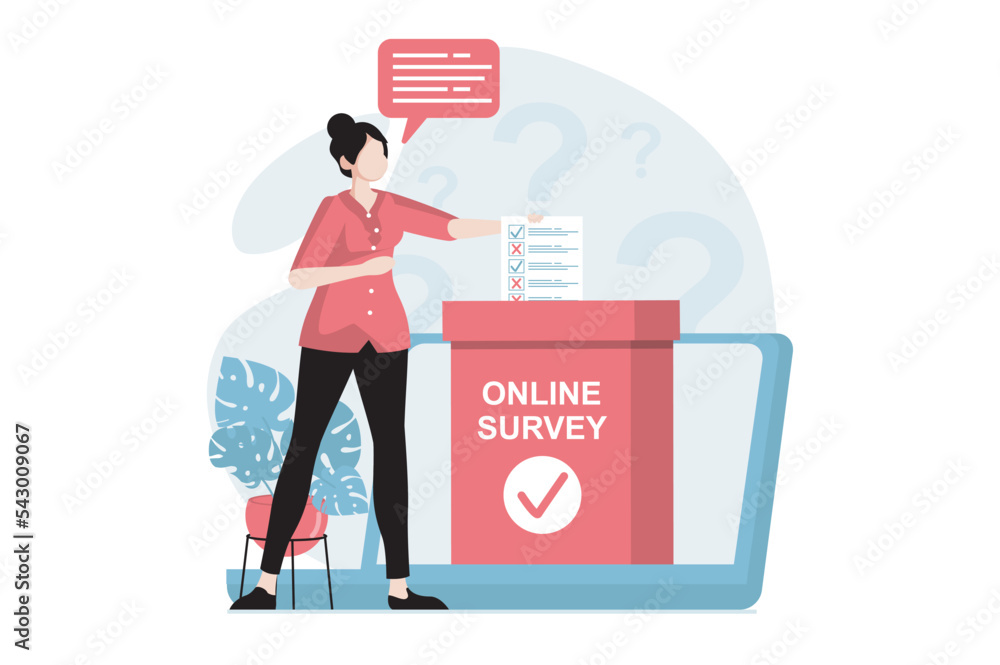 Poster online survey concept with people scene in flat design. woman participates in voting, marks choice o